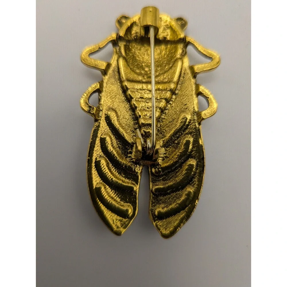 Gold Tone Enamel Cicada Insect Brooch Pin Amber Brown Nature Jewelry 1.75 Inch